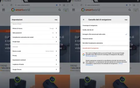 Impostazioni di Chrome: per cancellare la cache, seleziona "Immagini e file memorizzati nella cache" e poi "Cancella dati di navigazione".