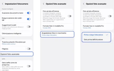Impostazioni fotocamera Android: opzioni foto avanzate, acquisizione foto in movimento "Prima e dopo l'otturatore".