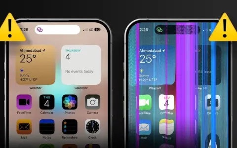 Schermo iPhone con colori strani e linee verticali viola e blu. Un avviso giallo con un punto esclamativo indica un problema.