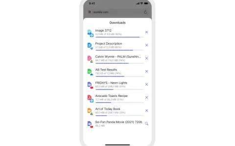 Schermata di un'app mobile che mostra un elenco di file scaricati, tra cui immagini, documenti e un film.