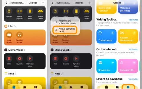 Schermate iPhone che mostrano la creazione di comandi rapidi, con opzioni per aggiungere nuove automazioni e gestire app.