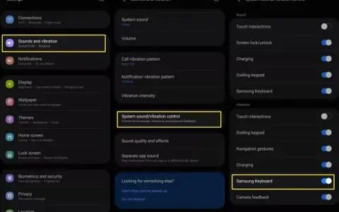 Impostazioni per togliere suono tastiera Samsung. Naviga in Suoni e vibrazione > Controllo suono/vibrazione di sistema.