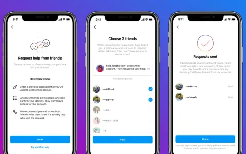 Schermate Instagram: richiesta aiuto amici per recuperare account. Se non è possibile accedere al tuo account, scegli 2 amici per confermare la tua identità.