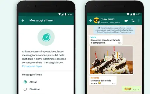 Schermata WhatsApp: attivando i messaggi effimeri, l'altro lo vede. La chat mostra un promemoria: i messaggi spariscono dopo 7 giorni.