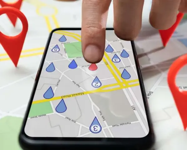 Dita la mappa con puntatori rossi, un dito tocca uno smartphone che mostra una mappa con gocce d'acqua, simulando gli spostamenti su Google Maps.