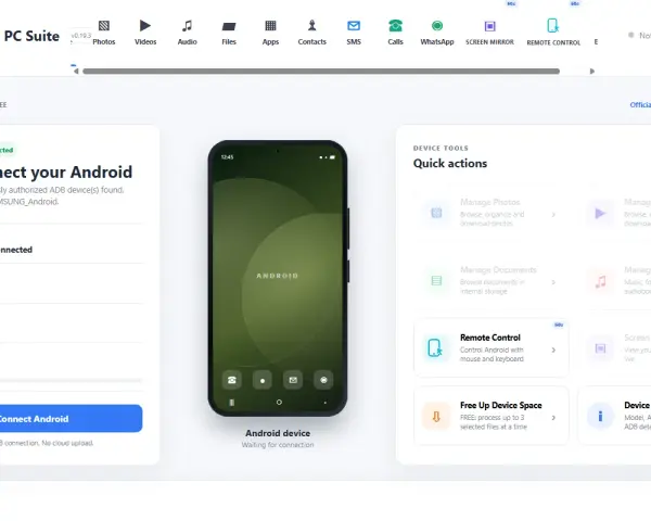 Interfaccia di Android PC Suite con ADB rilevato. In attesa di connessione dispositivo Android per gestione file e controllo remoto.