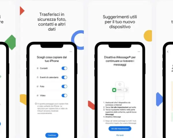 Schermate di un'app per il **cambio cellulare** e **trasferimento dati** da iPhone ad Android, con opzioni per copiare foto, contatti e video.