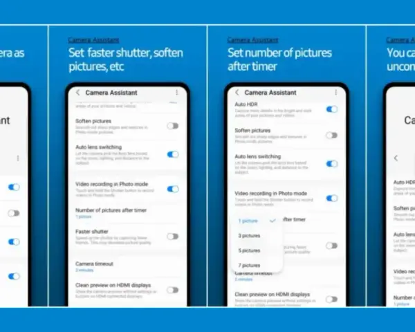 Schermate dell'app Camera Assistant Samsung per personalizzare le impostazioni della fotocamera, come Auto HDR e numero di foto dopo il timer.