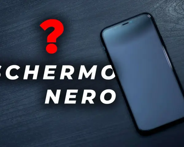Un punto interrogativo rosso e la scritta "SCHERMO NERO" accanto a un iPhone con lo schermo spento.