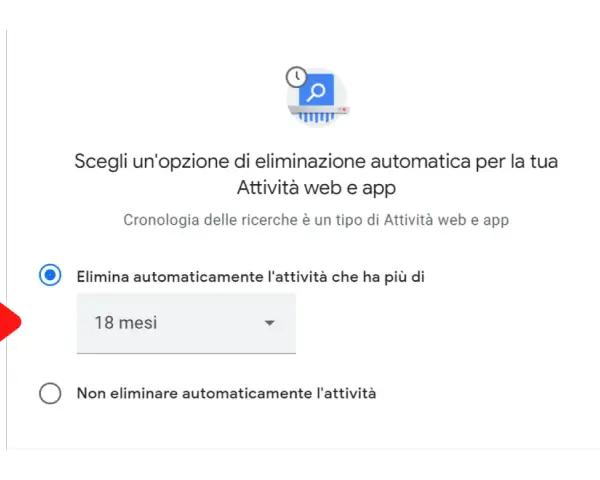Opzione per rimuovere suggerimenti cronologia: elimina automaticamente l'attività più vecchia di 18 mesi.
