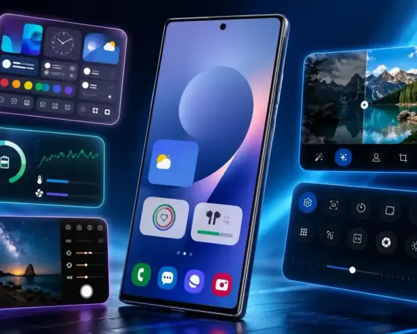Smartphone Samsung con widget interattivi: meteo, foto, musica e impostazioni. La sensibilità al tocco Samsung rende l'esperienza fluida.