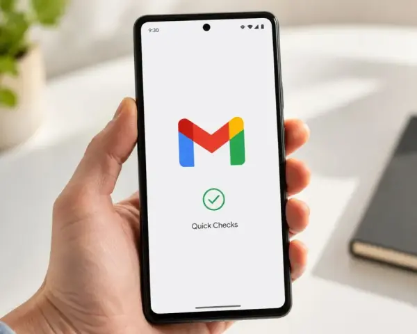 Smartphone con logo Gmail e "Quick Checks". Potrebbe indicare un problema di sincronizzazione Gmail o un controllo rapido.