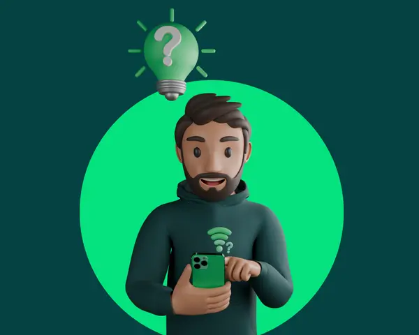 Uomo con smartphone e lampadina con punto interrogativo sopra la testa. La connessione dati non funziona, ma cerca una soluzione.