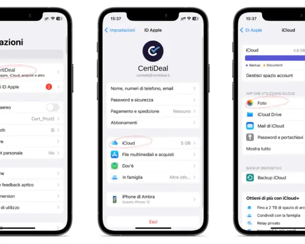 Schermate iPhone mostrano come liberare spazio iPhone gestendo iCloud, in particolare le foto.