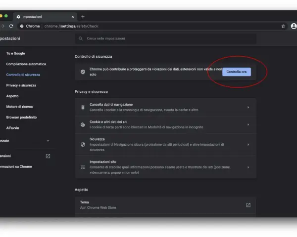 Impostazioni di sicurezza in Google Chrome. Il browser controlla violazioni dati ed estensioni non valide.