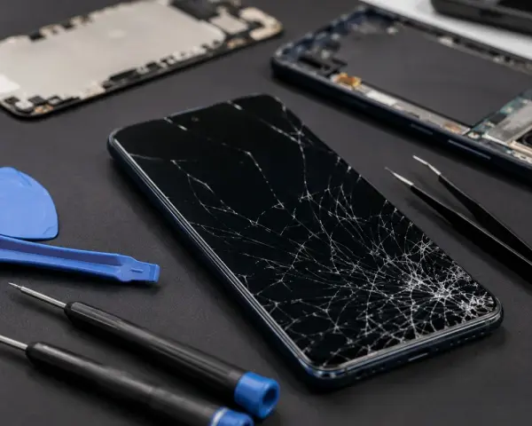 Smartphone Samsung con schermo rotto, pronto per la riparazione. Il touch screen non funziona più. Attrezzi per smontaggio inclusi.