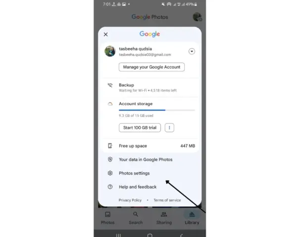Menu di Google Foto con opzioni per backup, spazio account e impostazioni. Qui trovi anche le mie foto archiviate.
