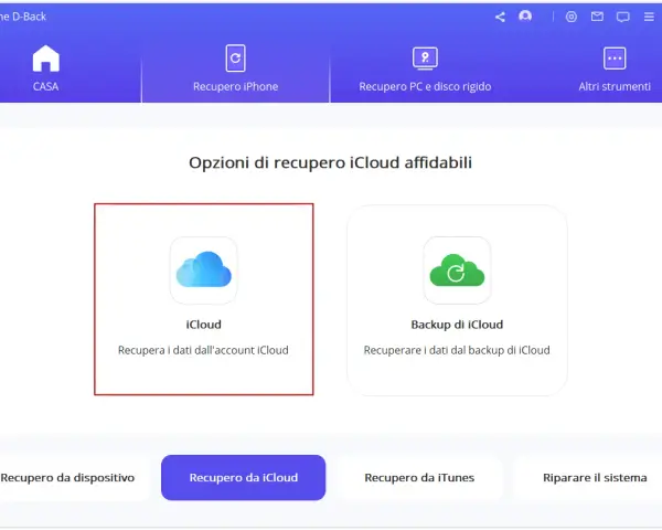 Interfaccia per il recupero dati iCloud. Seleziona "Recupero da iCloud" per accedere ai tuoi dati.