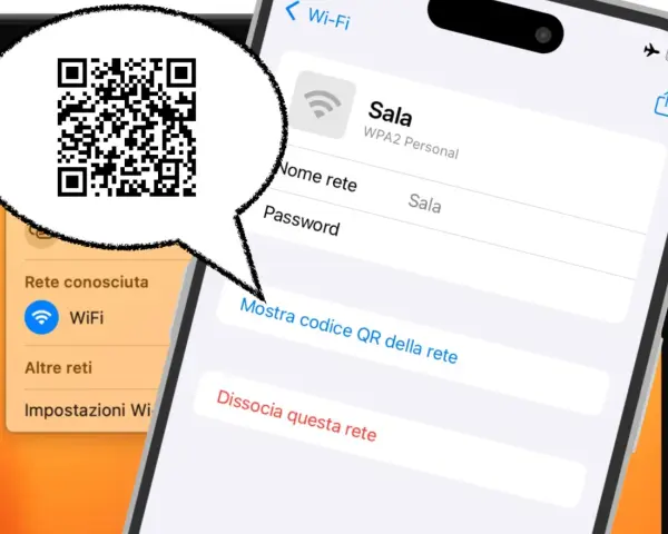 Codice QR per visualizzare password WiFi su Android. Mostra come condividere la rete "Sala" tramite QR code.
