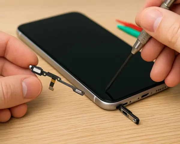 Riparazione tasto accensione rotto: un tecnico con pinzette e cacciavite lavora su un telefono, tenendo in mano il componente del tasto.