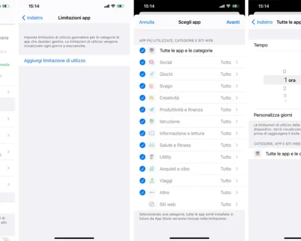 Impostazioni per il tempo di utilizzo iPhone: 5h 33min giornalieri. Limiti per app, comunicazioni e contenuti.