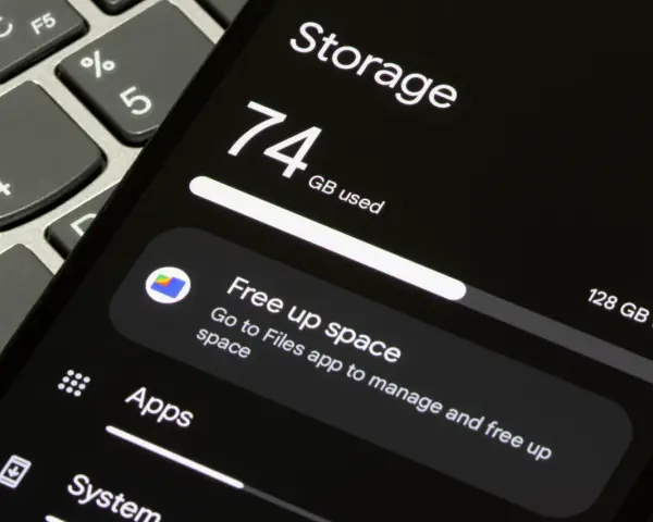 Memoria telefono piena: 74 GB usati su 128 GB totali. Suggerimento per liberare spazio tramite l'app Files.
