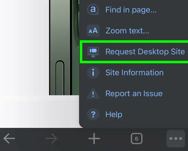 Menu del browser con opzione "Richiedi sito desktop" evidenziata, per visualizzare un sito desktop.
