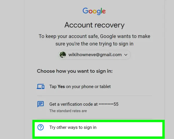 Schermata di recupero password Gmail su Android. Opzioni per accedere: conferma su telefono, codice via SMS o altri metodi.