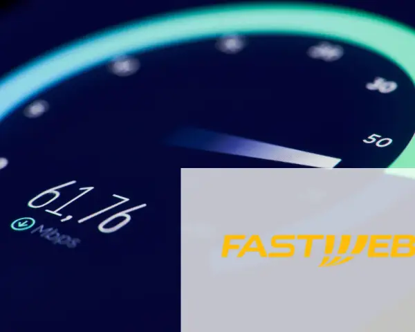 Misurazione velocità internet: 61,76 Mbps. Il logo Fastweb in basso a destra.