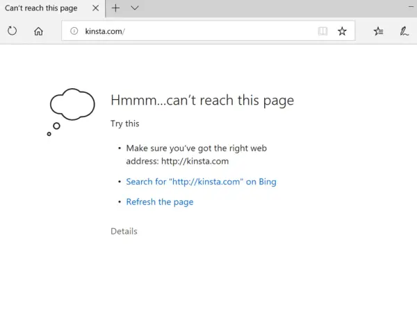 Errore DNS probe finished no internet. La pagina kinsta.com non si carica, suggerisce di controllare l'indirizzo o aggiornare.
