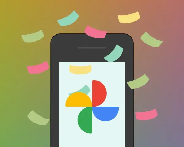 Smartphone con logo Google Foto e coriandoli colorati. Facile scaricare foto da Google Foto.