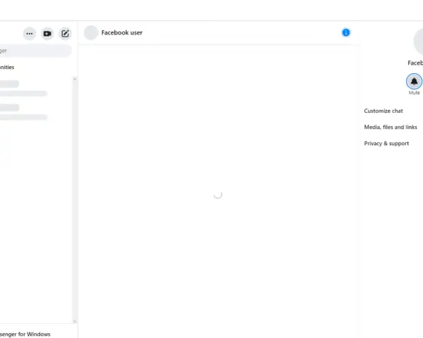 Interfaccia di Facebook Messenger con un caricamento in corso, suggerendo un messenger bloccato o in attesa di caricamento.