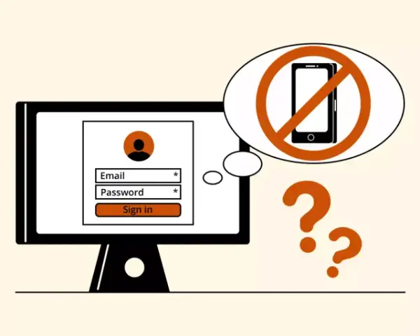 Schermata di login con campo email e password. Icona di divieto per smartphone e punti interrogativi suggeriscono come creare Gmail senza numero di telefono.