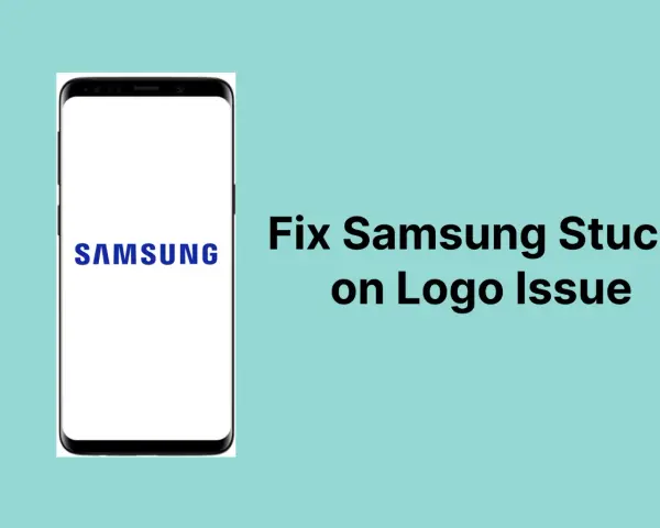 Schermata di un telefono Samsung bloccato sul logo, con testo che indica come risolvere il problema di spegnimento forzato Samsung.