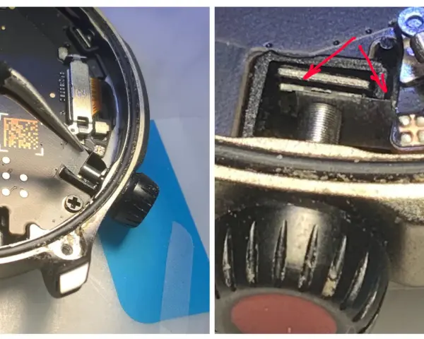 Dettaglio interno di uno smartwatch, forse un Amazfit GTR 4, con pinzette che manipolano un cavo flessibile. Si notano possibili problemi di assemblaggio o usura.