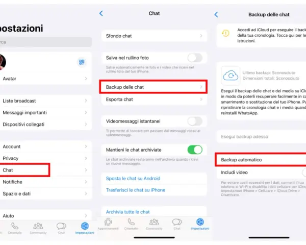 Impostazioni WhatsApp: per recuperare foto cancellate, vai su Chat > Backup delle chat. Esegui un backup automatico per sicurezza.