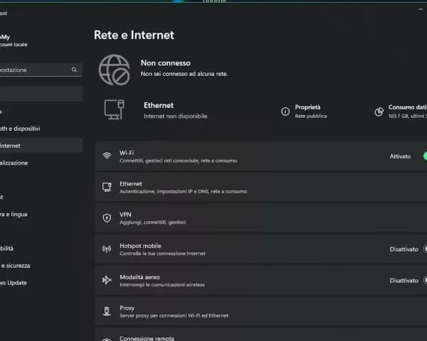 Impostazioni di Rete e Internet: "Non è possibile connettersi a questa rete". Wi-Fi attivo, Ethernet non disponibile.