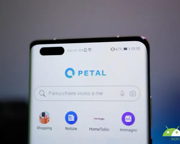 Schermata di uno smartphone con l'app Petal. La barra di ricerca mostra "Parrucchiere vicino a me", suggerendo una ricerca Petal per servizi locali.