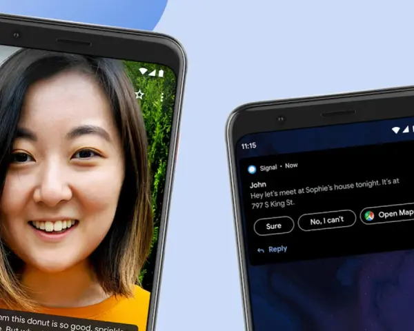 Due smartphone mostrano l'intelligenza di Android: uno con una persona che ride, l'altro con un messaggio e opzioni di risposta rapida.
