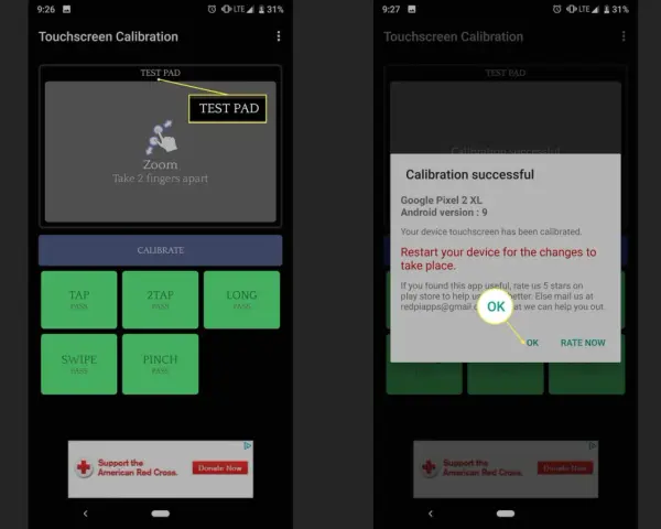Schermata di calibrazione touch Android. Dopo la calibrazione, appare un messaggio di successo.