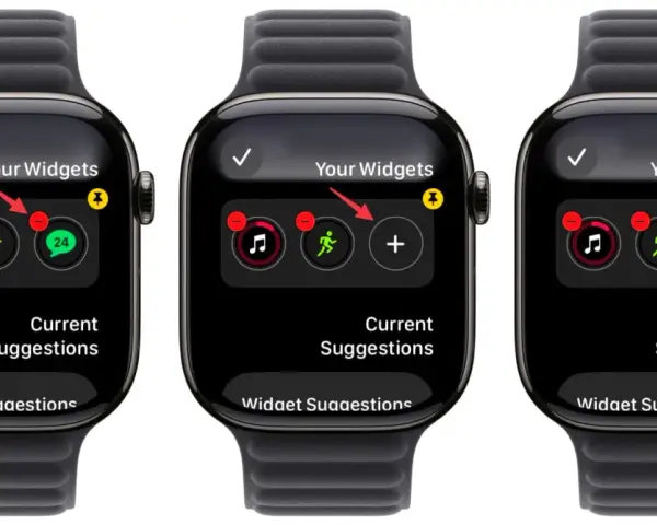 Schermata di un widget orologio su Apple Watch, mostra le opzioni per aggiungere o rimuovere icone di app.