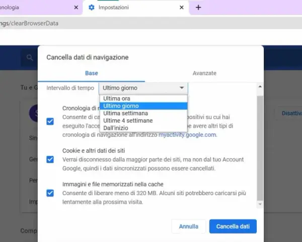 Impostazioni di Chrome per cancellare la cronologia di navigazione. Seleziona "Ultimo giorno" per eliminare i dati di navigazione.