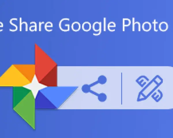 Logo Google Foto con icone di condivisione e modifica. Un modo semplice per creare un album condiviso Google Foto.