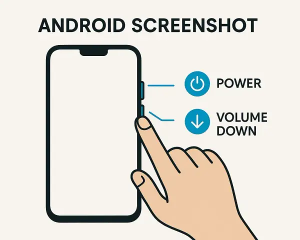 Immagine illustra come fare screenshot su Android: tieni premuti contemporaneamente i tasti Power e Volume Giù.
