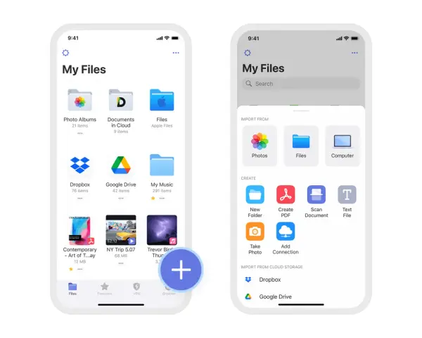 Schermate di un'app "My Files" con cartelle, documenti e video salvati. Un pulsante "+" blu indica la possibilità di aggiungere nuovi contenuti.