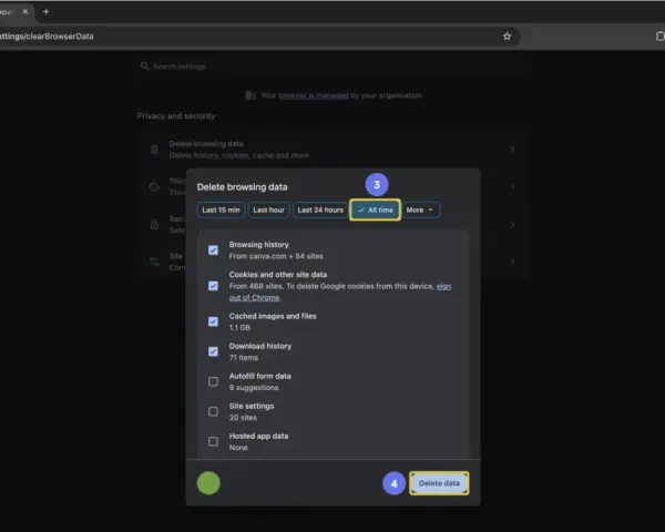 Impostazioni Chrome: come cancellare la cache del browser selezionando "Tutto il tempo" per eliminare cronologia, cookie e file temporanei.