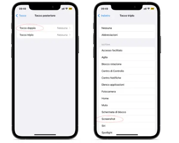 Impostazioni iPhone: tocco posteriore per "Tocco doppio" e "Screenshot" per catturare immagini dello schermo.