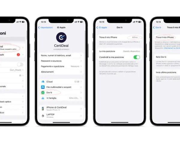 Impostazioni iPhone: "Dov'è" attivo per localizzare il dispositivo, una funzione chiave dell'apple intelligence per la sicurezza.