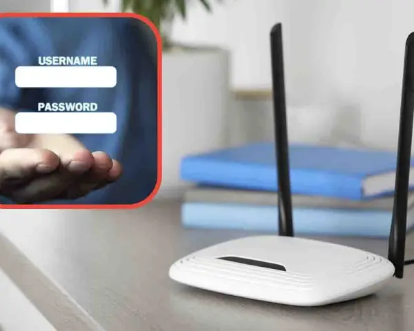 Schermata con campi username e password su una mano tesa, accanto a un router Wi-Fi. Come collegarsi al wifi senza password.