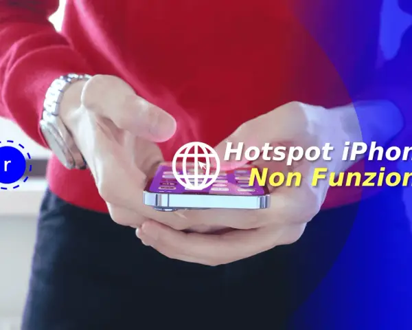 Mani che tengono un iPhone con testo "Hotspot iPhone Non Funziona". Scopri perché l'hotspot si disattiva da solo.